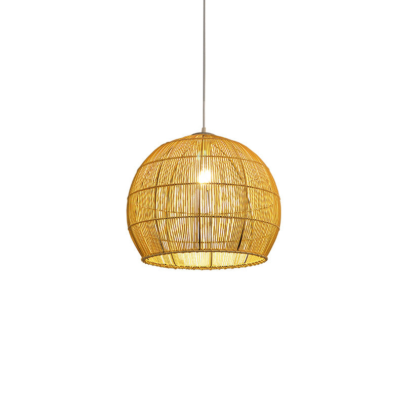 Beige Asia Pendulum Light Dome Rattan 1-Light Hanging Ceiling Light for Dining Room