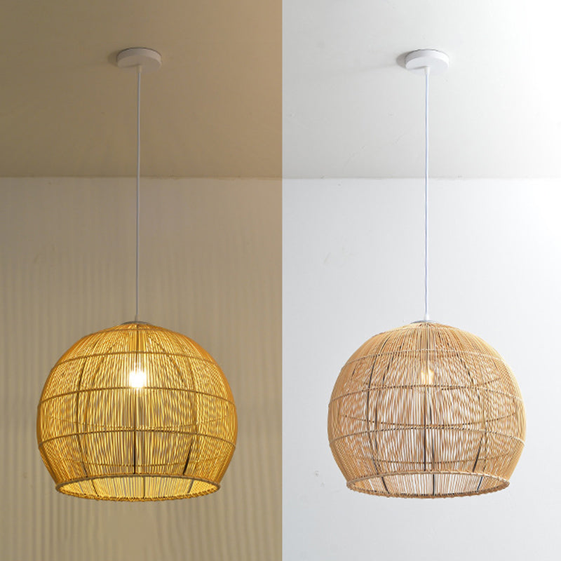 Beige Asia Pendulum Light Dome Rattan 1-Light Hanging Ceiling Light for Dining Room