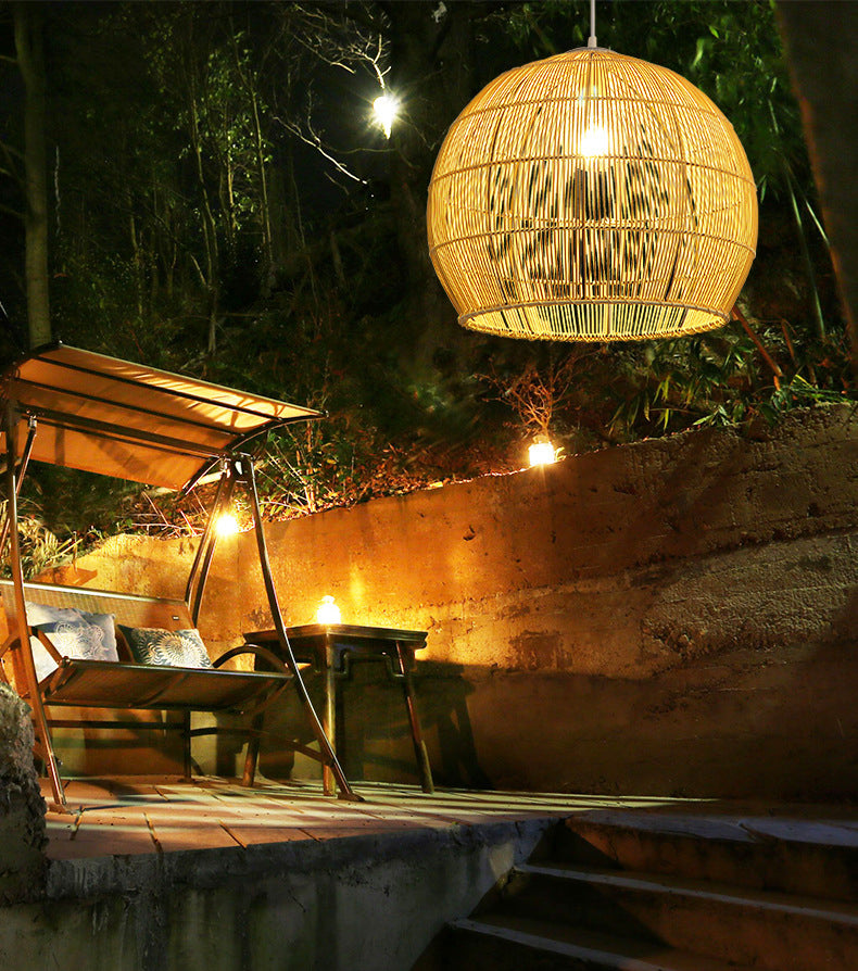 Beige Asia Pendulum Light Dome Rattan 1-Light Hanging Ceiling Light for Dining Room