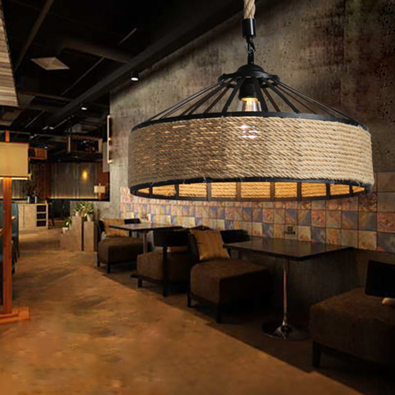 Touw linnen 1 licht hanger lamptrommel vintage loft plafond armatuur voor bar