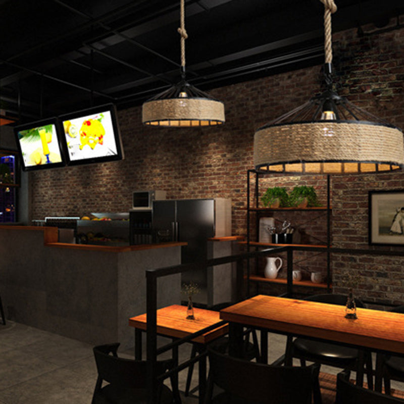 Touw linnen 1 licht hanger lamptrommel vintage loft plafond armatuur voor bar