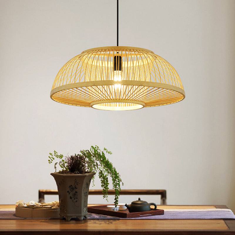1-Light Bamboo Japanese Pendant Light Beige Down Lighting for Dining Room