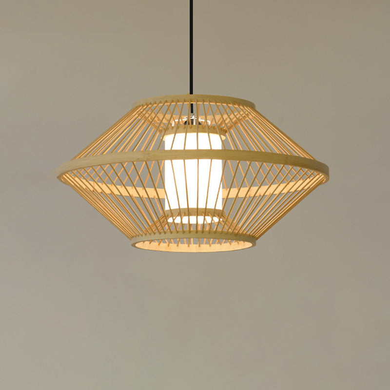 1-Light Bamboo Japanese Pendant Light Beige Down Lighting for Dining Room