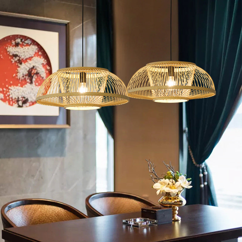 1-Light Bamboo Japanese Pendant Light Beige Down Lighting for Dining Room