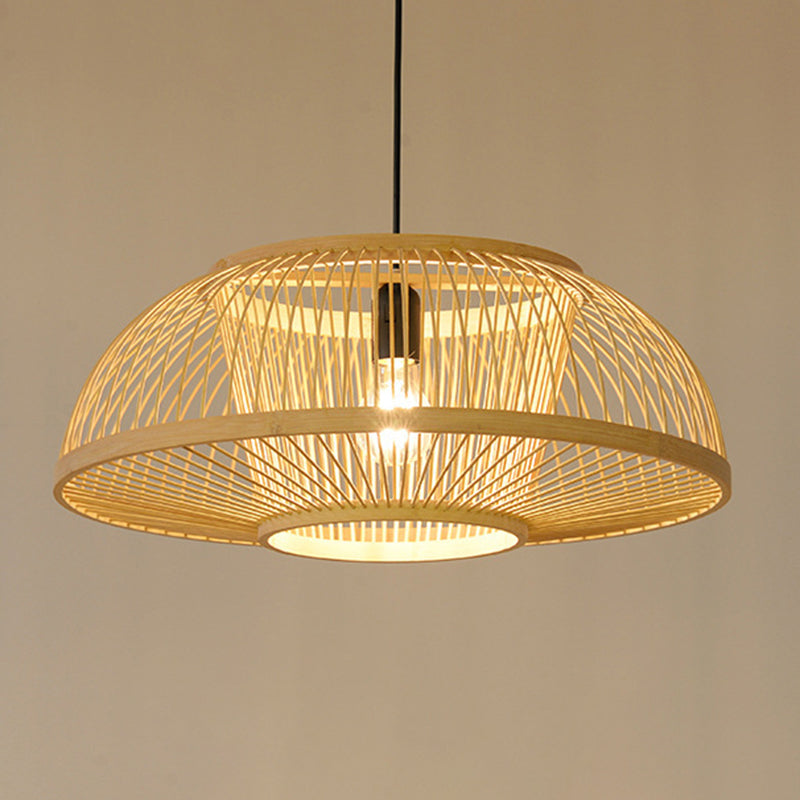 1-Light Bamboo Japanese Pendant Light Beige Down Lighting for Dining Room