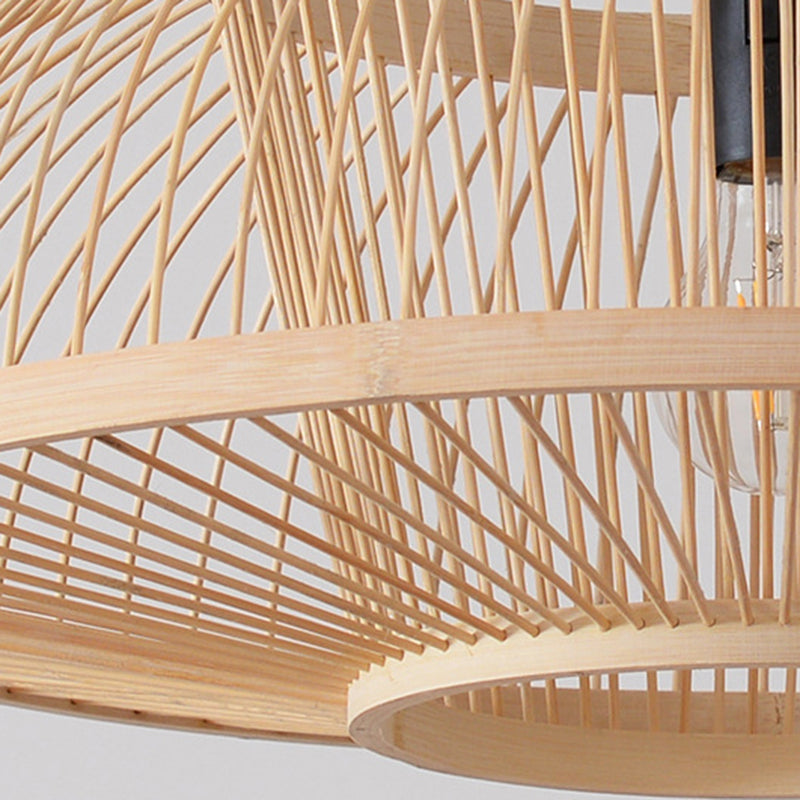 1-Light Bamboo Japanese Pendant Light Beige Down Lighting for Dining Room