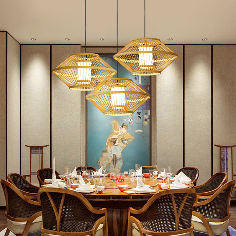 1-Light Bamboo Japanese Pendant Light Beige Down Lighting for Dining Room