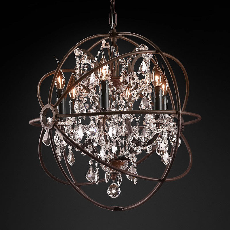 Gyroscope Chandelier Modern Crystal Living Room Hanging Light Fixture in Rust