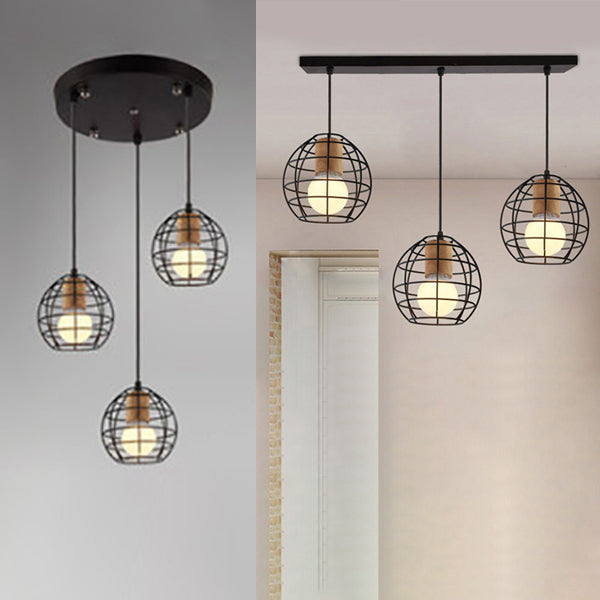 3 Heads Ceiling Fixture Retro Stylish Globe/Hexagon Cage Shade Metal Pendant Light Fixture in Black
