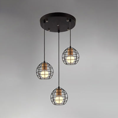 3 Heads Ceiling Fixture Retro Stylish Globe/Hexagon Cage Shade Metal Pendant Light Fixture in Black