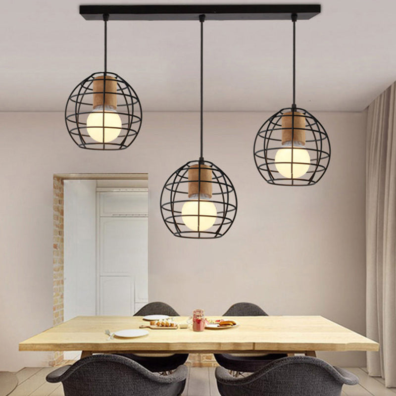 3 Heads Ceiling Fixture Retro Stylish Globe/Hexagon Cage Shade Metal Pendant Light Fixture in Black