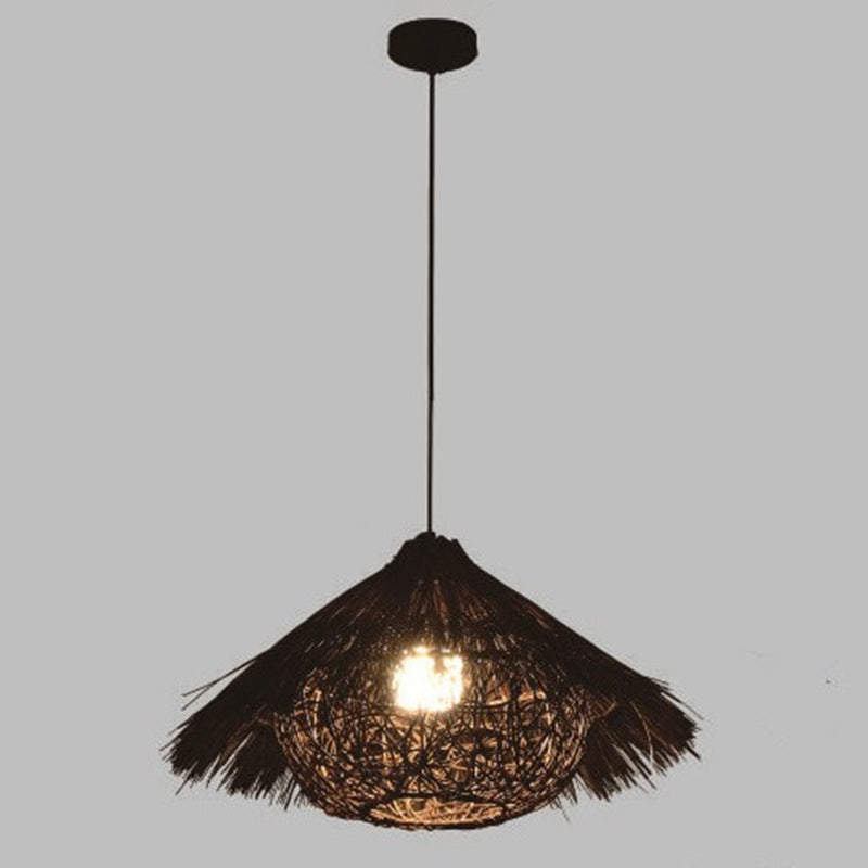 Cone Shaped Restaurant Pendant Lighting Fixture Rattan Asian Hanging Ceiling Light