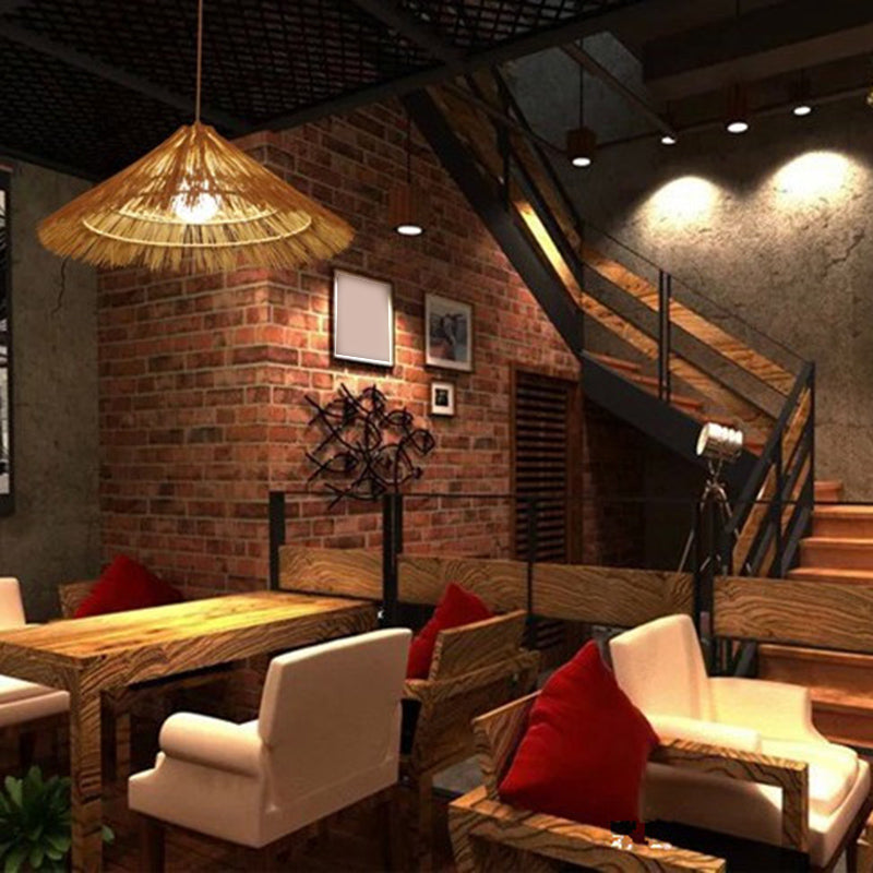 Cone Shaped Restaurant Pendant Lighting Fixture Rattan Asian Hanging Ceiling Light