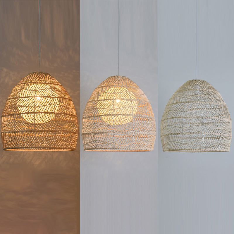 Basket Pendant Lighting Fixture Asian Rattan Beige Hanging Light Fixture for Restaurant