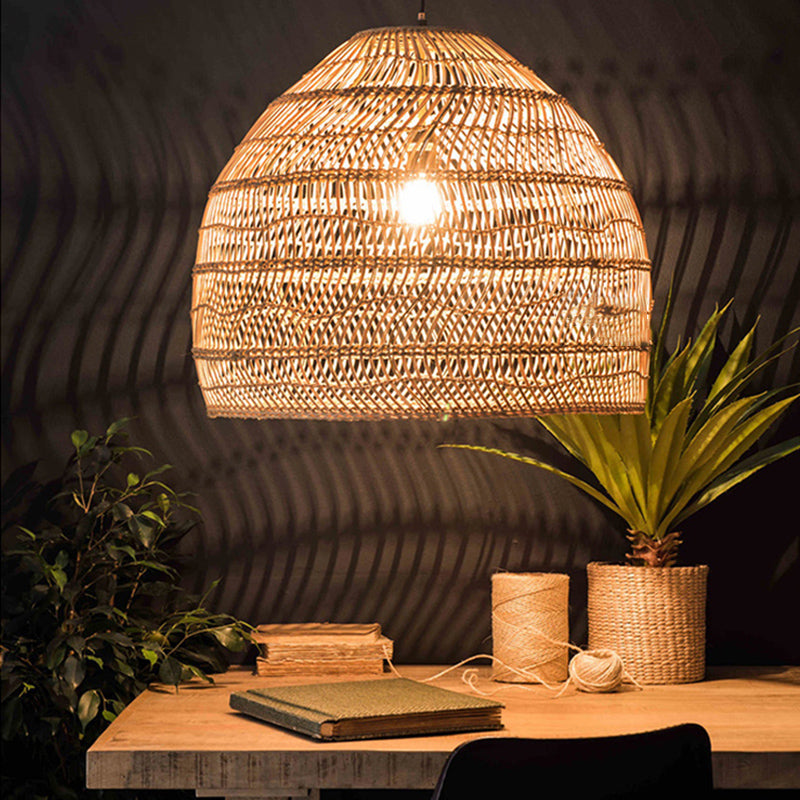 Basket Pendant Lighting Fixture Asian Rattan Beige Hanging Light Fixture for Restaurant