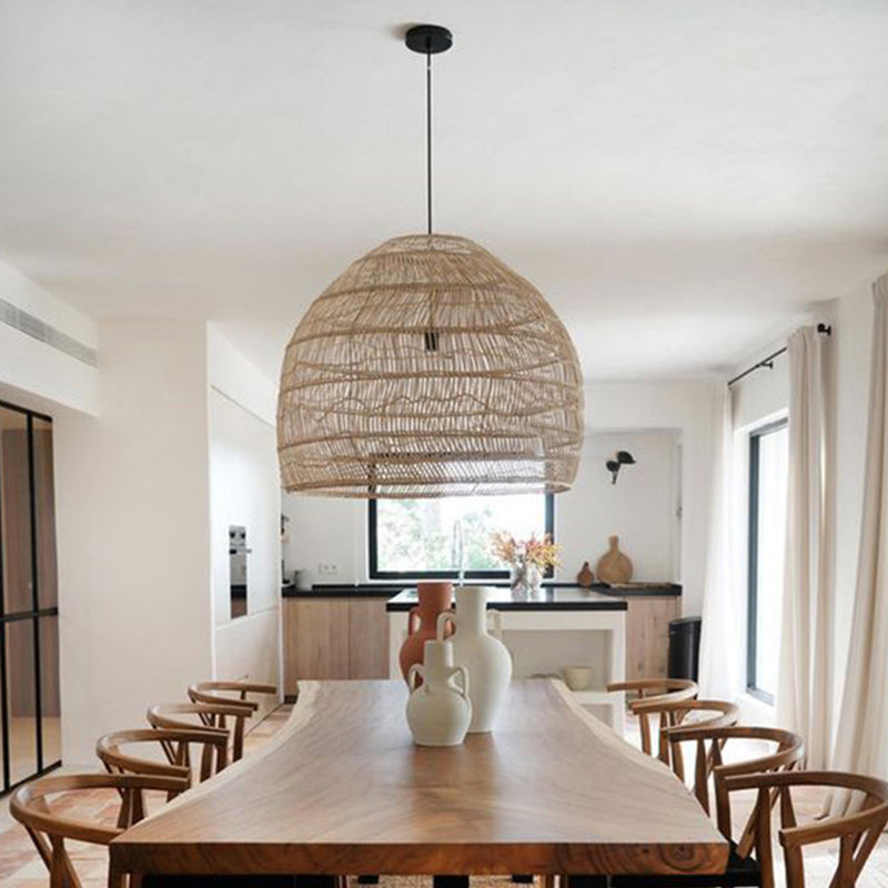 Basket Pendant Lighting Fixture Asian Rattan Beige Hanging Light Fixture for Restaurant