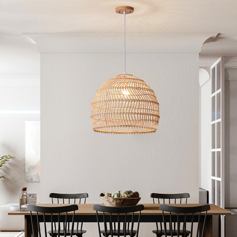 Basket Pendant Lighting Fixture Asian Rattan Beige Hanging Light Fixture for Restaurant
