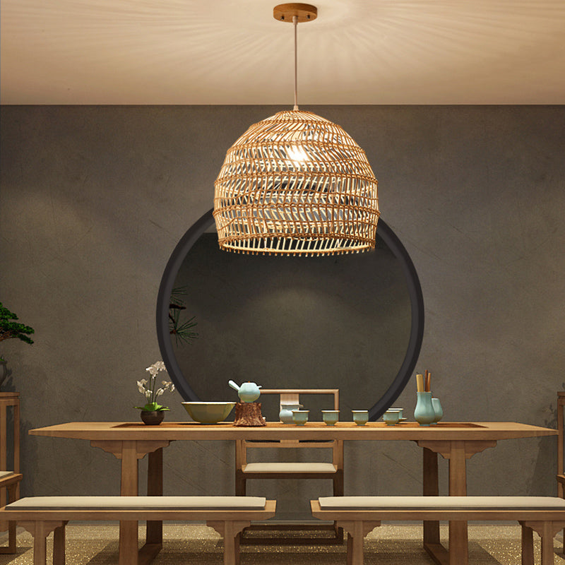 Basket Pendant Lighting Fixture Asian Rattan Beige Hanging Light Fixture for Restaurant