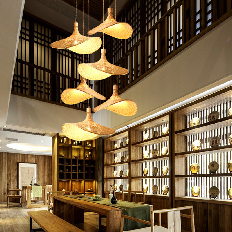 Straw Hat Pendant Light Kit Asia Style Bamboo Restaurant Ceiling Pendant Light in Beige