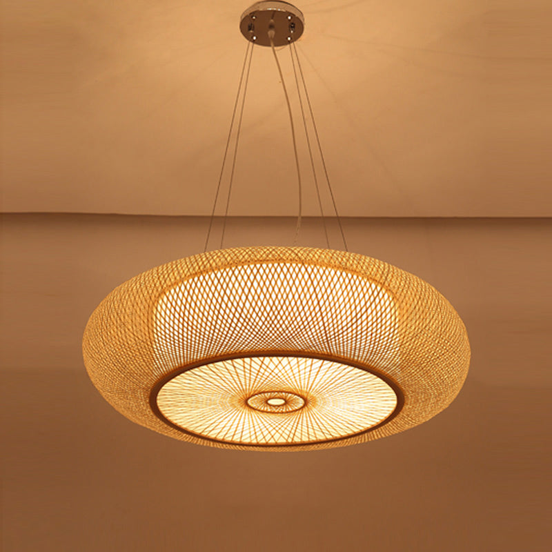 Rounded Drum Bamboo Pendant Lighting Fixture Modern Style Beige Hanging Light Fixture