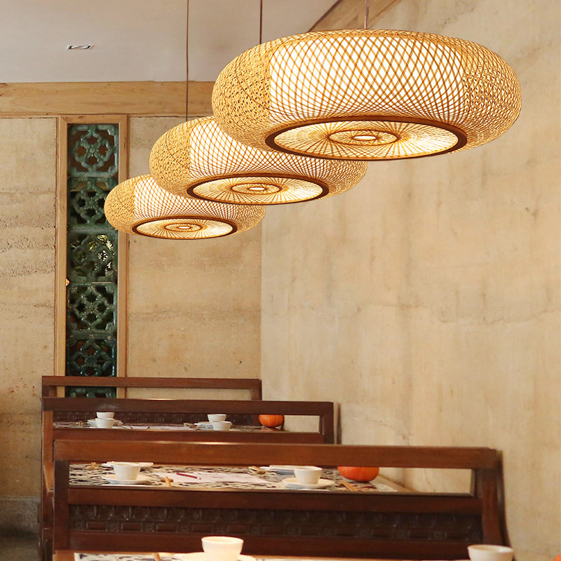 Rounded Drum Bamboo Pendant Lighting Fixture Modern Style Beige Hanging Light Fixture