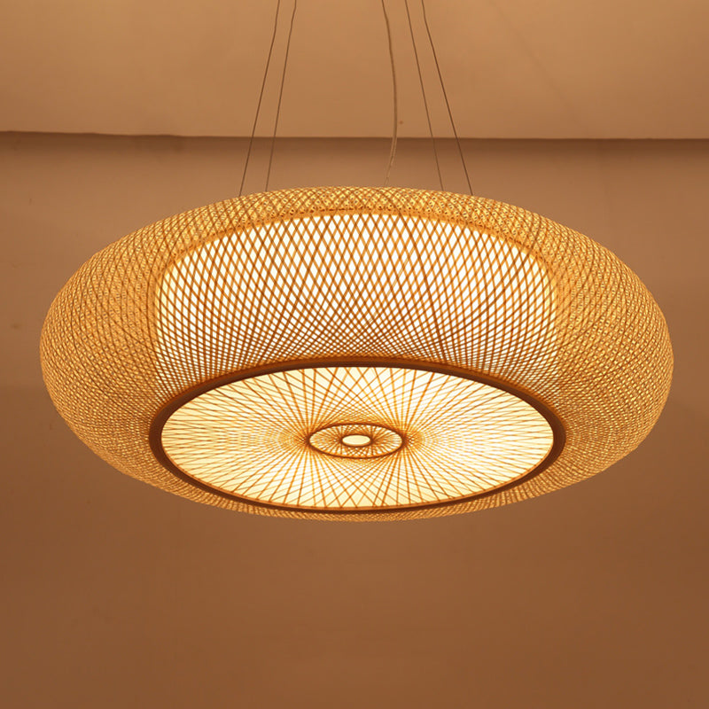 Rounded Drum Bamboo Pendant Lighting Fixture Modern Style Beige Hanging Light Fixture