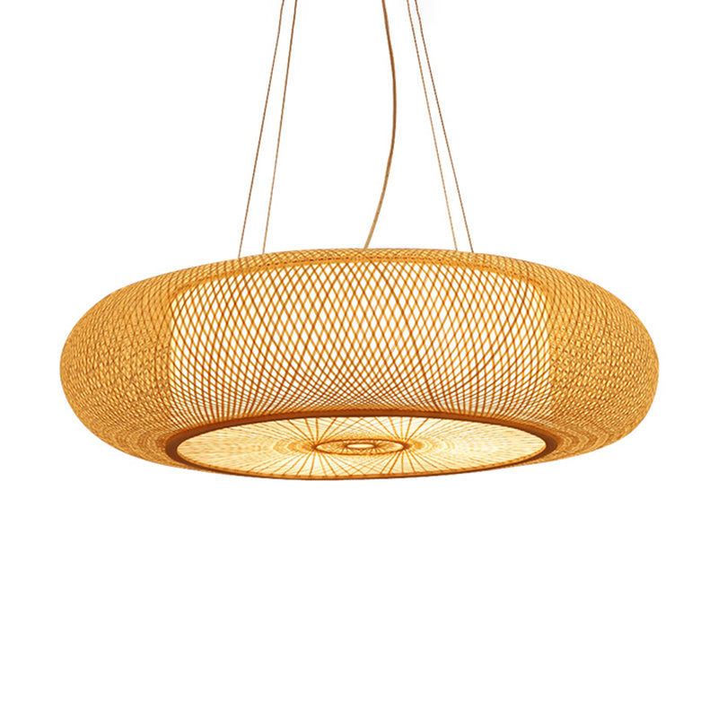 Rounded Drum Bamboo Pendant Lighting Fixture Modern Style Beige Hanging Light Fixture