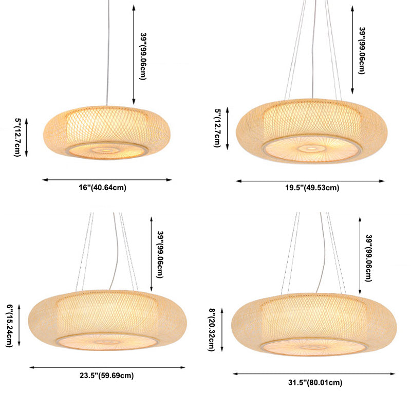 Rounded Drum Bamboo Pendant Lighting Fixture Modern Style Beige Hanging Light Fixture