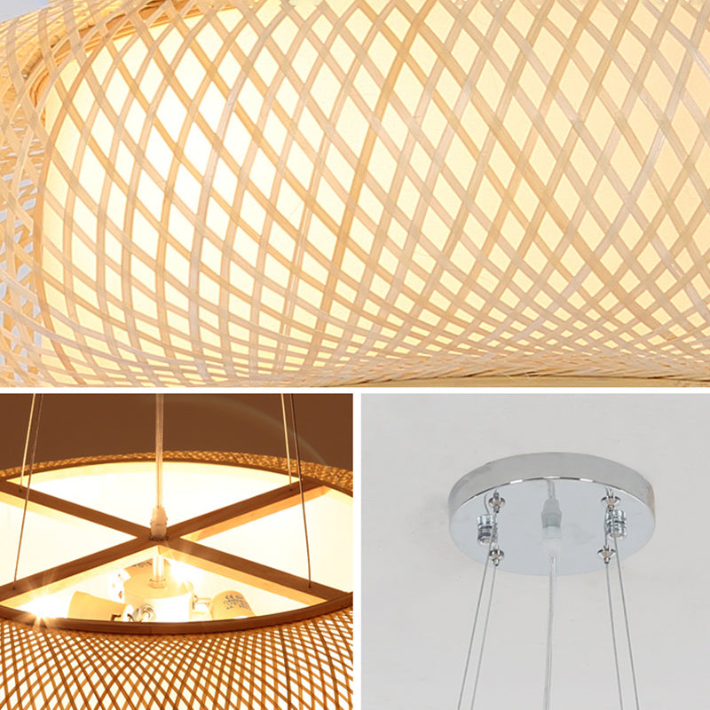 Rounded Drum Bamboo Pendant Lighting Fixture Modern Style Beige Hanging Light Fixture
