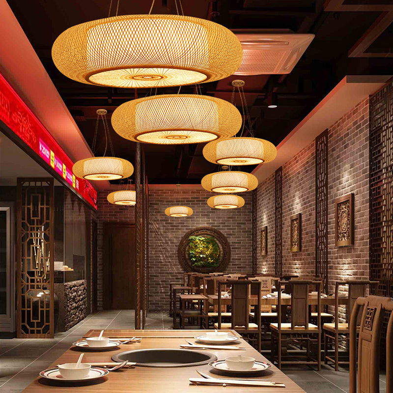 Rounded Drum Bamboo Pendant Lighting Fixture Modern Style Beige Hanging Light Fixture