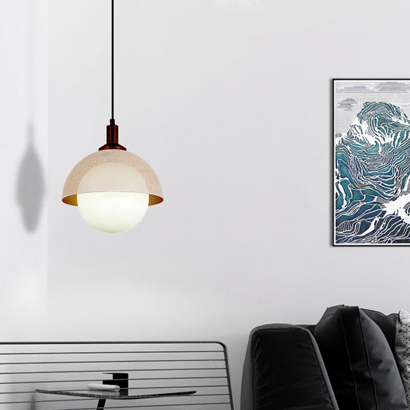 Globe Suspension Lamp Modern 1-Light Walnut Wood Hanging Light Fixture with Glass Shade