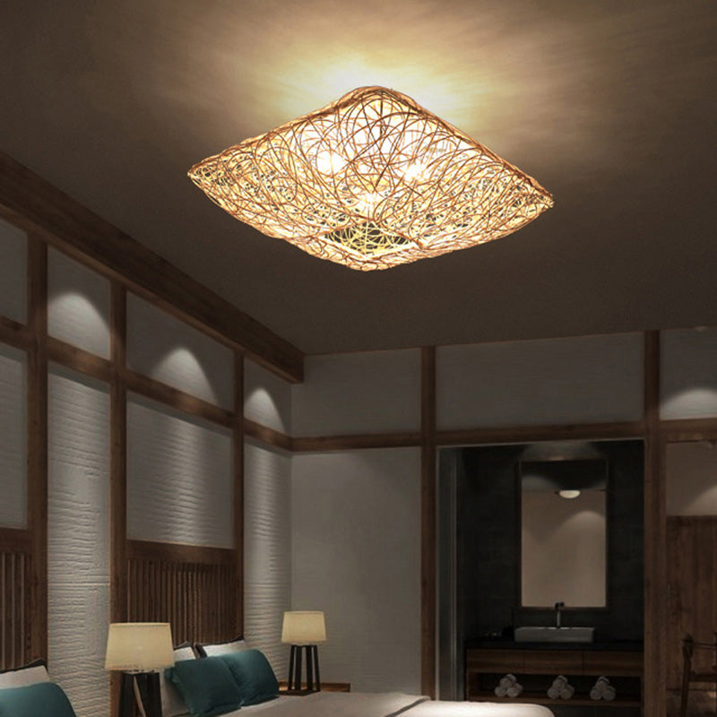 Asian Square Flush Mount Lighting 3-Light Rattan Flush Mount Ceiling Lights for Living Room