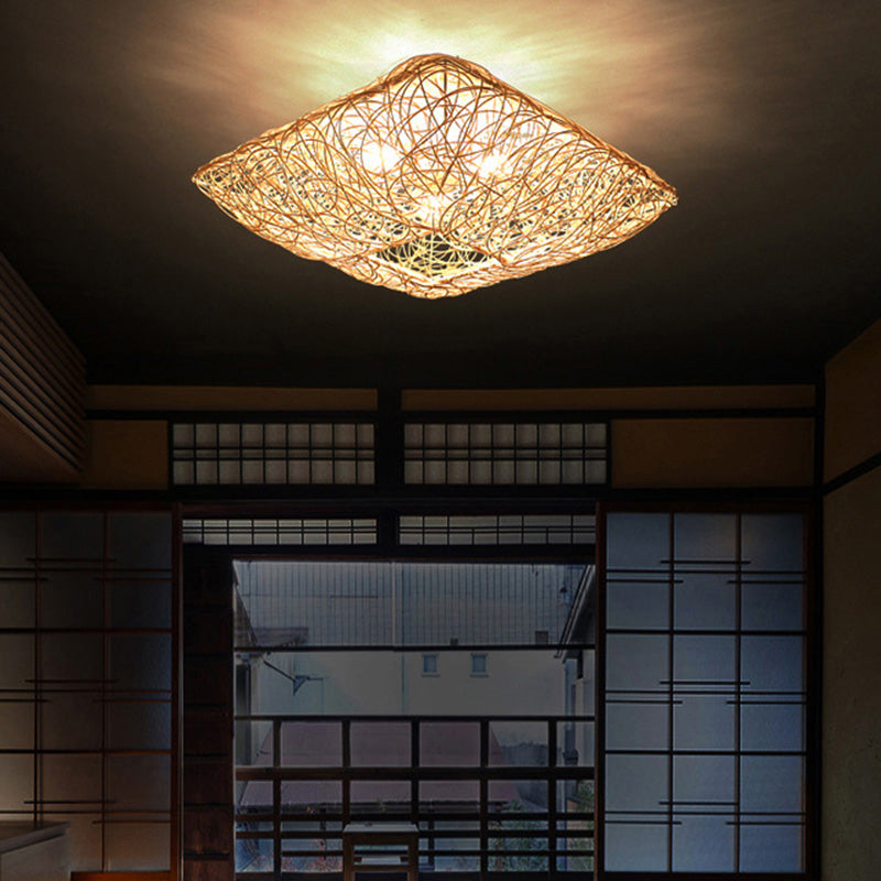 Asian Square Flush Mount Lighting 3-Light Rattan Flush Mount Ceiling Lights for Living Room