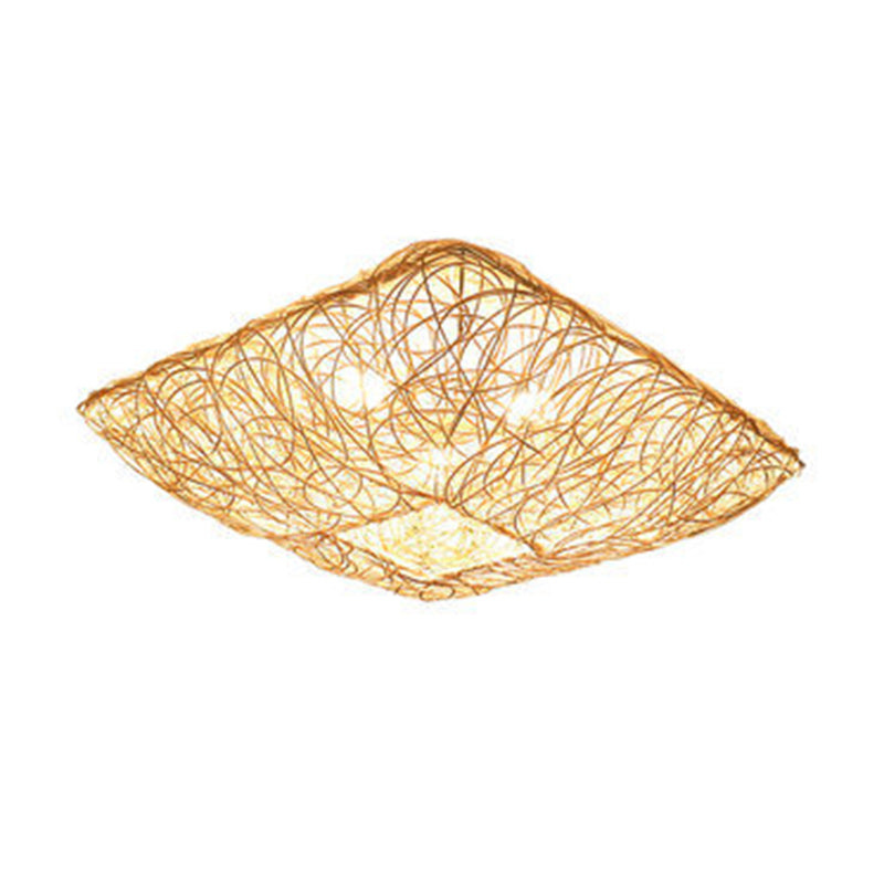 Asian Square Flush Mount Lighting 3-Light Rattan Flush Mount Ceiling Lights for Living Room