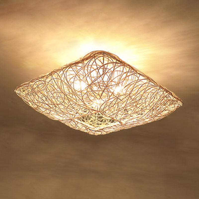 Asian Square Flush Mount Lighting 3-Light Rattan Flush Mount Ceiling Lights for Living Room