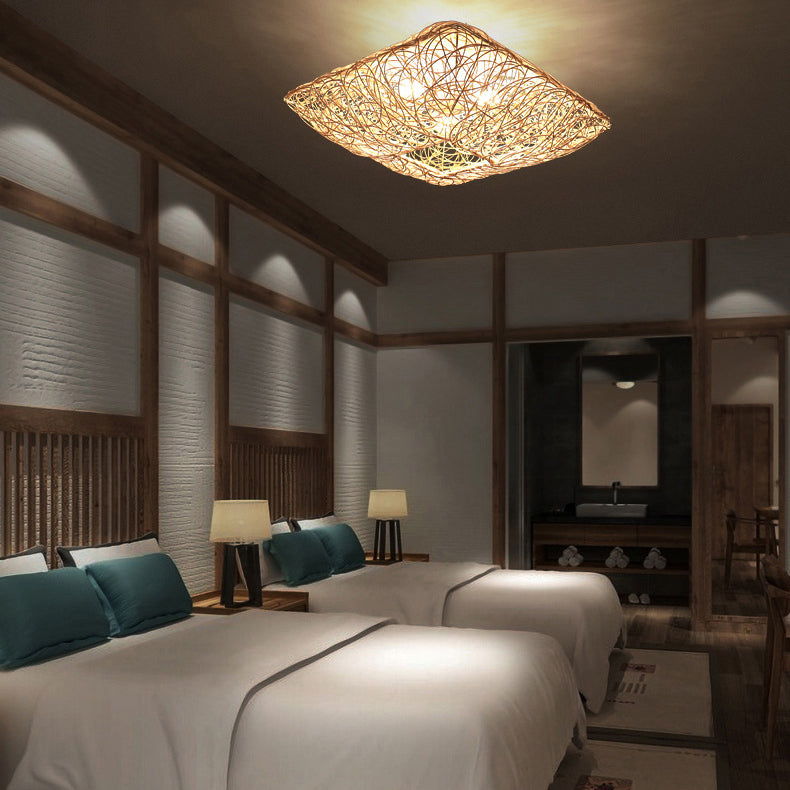 Asian Square Flush Mount Lighting 3-Light Rattan Flush Mount Ceiling Lights for Living Room