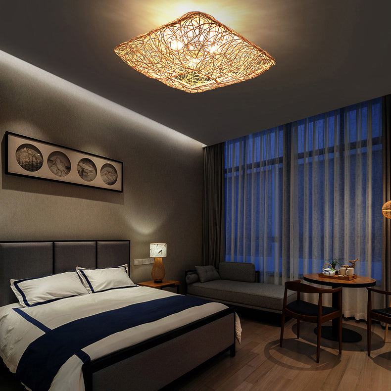 Asian Square Flush Mount Lighting 3-Light Rattan Flush Mount Ceiling Lights for Living Room