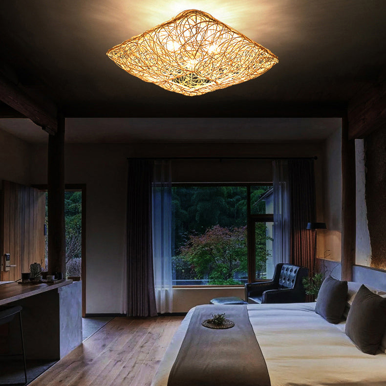Asian Square Flush Mount Lighting 3-Light Rattan Flush Mount Ceiling Lights for Living Room