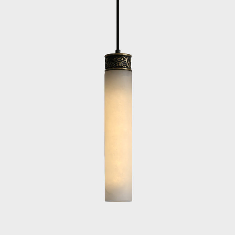 Cylinder Hanging Light Fixture Modern 1-Light White Suspension Lamp with Stone Shade