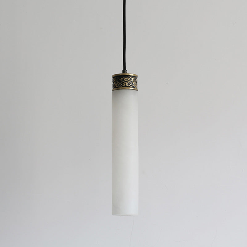 Cylinder Hanging Light Fixture Modern 1-Light White Suspension Lamp with Stone Shade