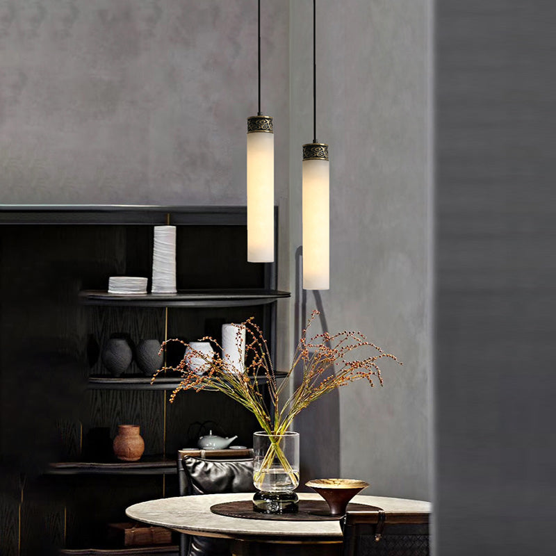 Cylinder Hanging Light Fixture Modern 1-Light White Suspension Lamp with Stone Shade