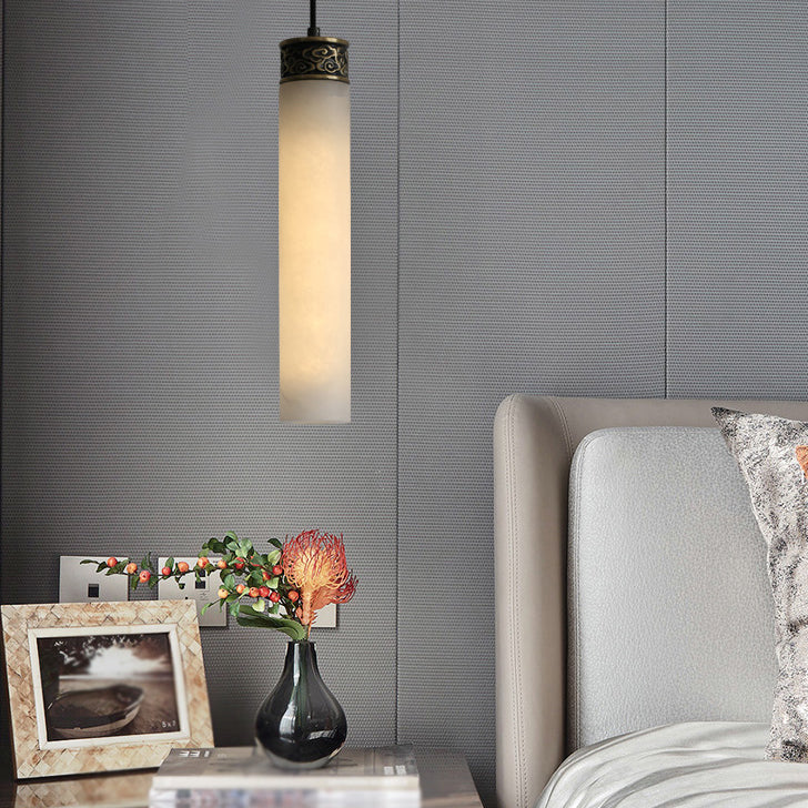 Cylinder Hanging Light Fixture Modern 1-Light White Suspension Lamp with Stone Shade