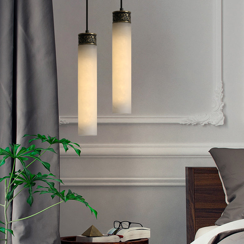 Cylinder Hanging Light Fixture Modern 1-Light White Suspension Lamp with Stone Shade