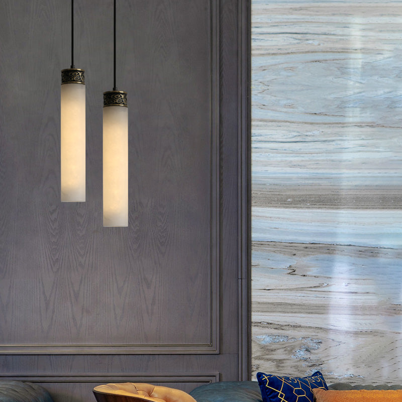 Cylinder Hanging Light Fixture Modern 1-Light White Suspension Lamp with Stone Shade