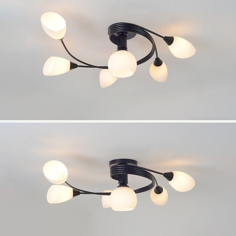 Black Multi Lights Semi Flush Mount Traditional White Glass Ceiling Light for Living Room