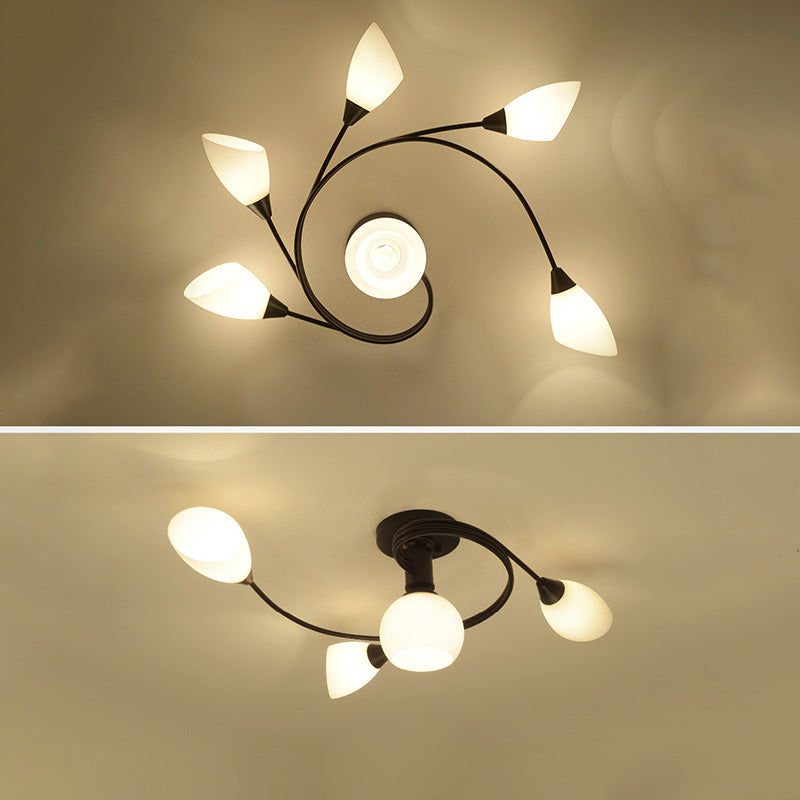 Black Multi Lights Semi Flush Mount Traditional White Glass Ceiling Light for Living Room