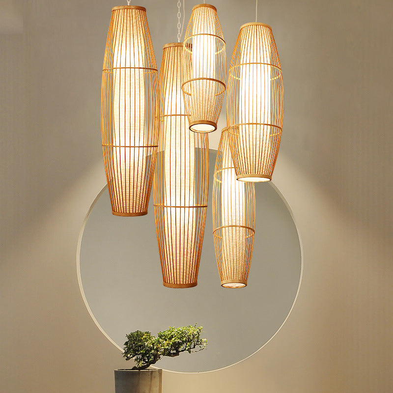 Chinese Elongated Pendant Lighting Fixtures Rattan Hanging Light with Hanging Cord for Restaurant