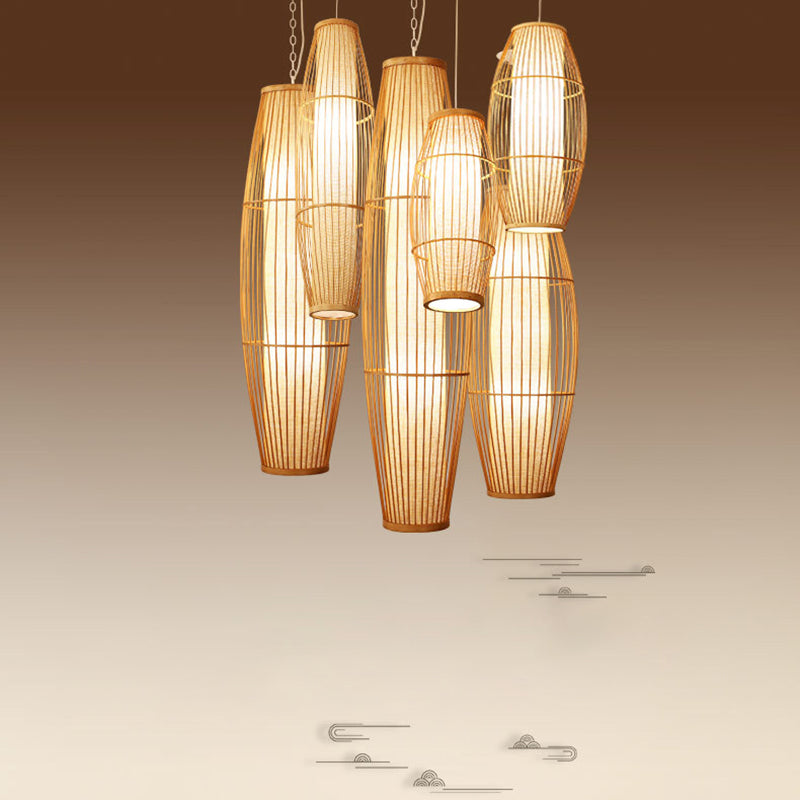 Chinese Elongated Pendant Lighting Fixtures Rattan Hanging Light with Hanging Cord for Restaurant