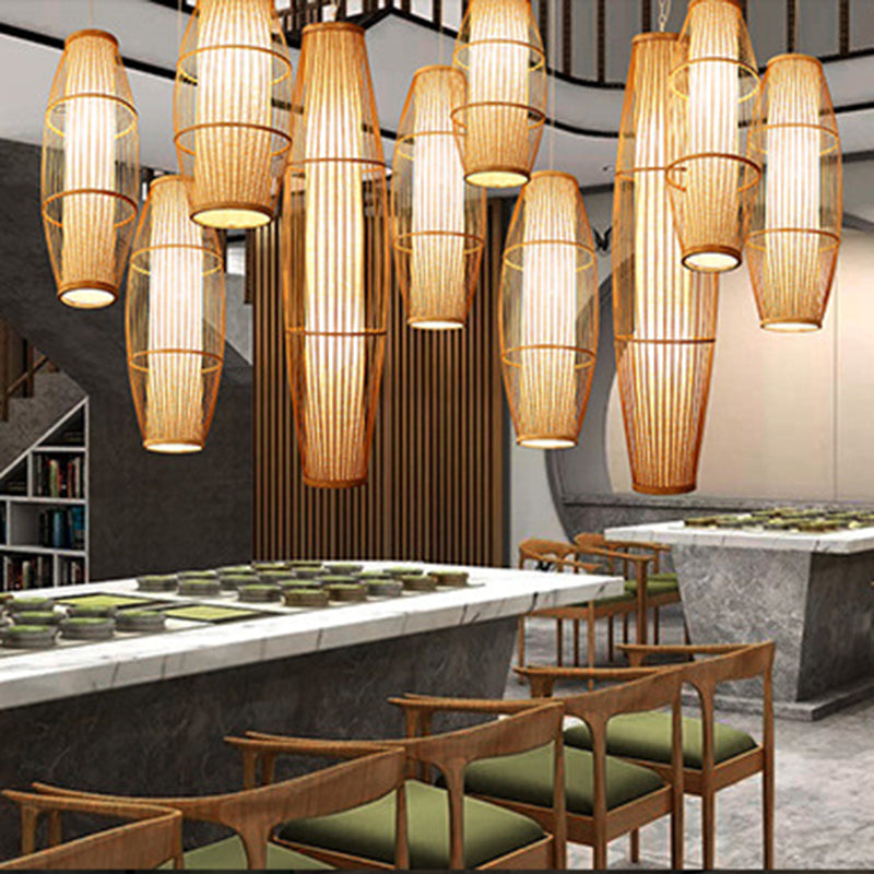 Chinese Elongated Pendant Lighting Fixtures Rattan Hanging Light with Hanging Cord for Restaurant