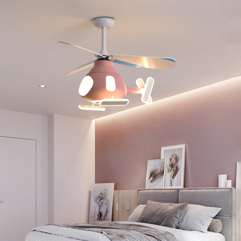 Metal Airplane Shaped Pendant Fan Lamp Cartoon LED Semi Flush Light for Kids Room
